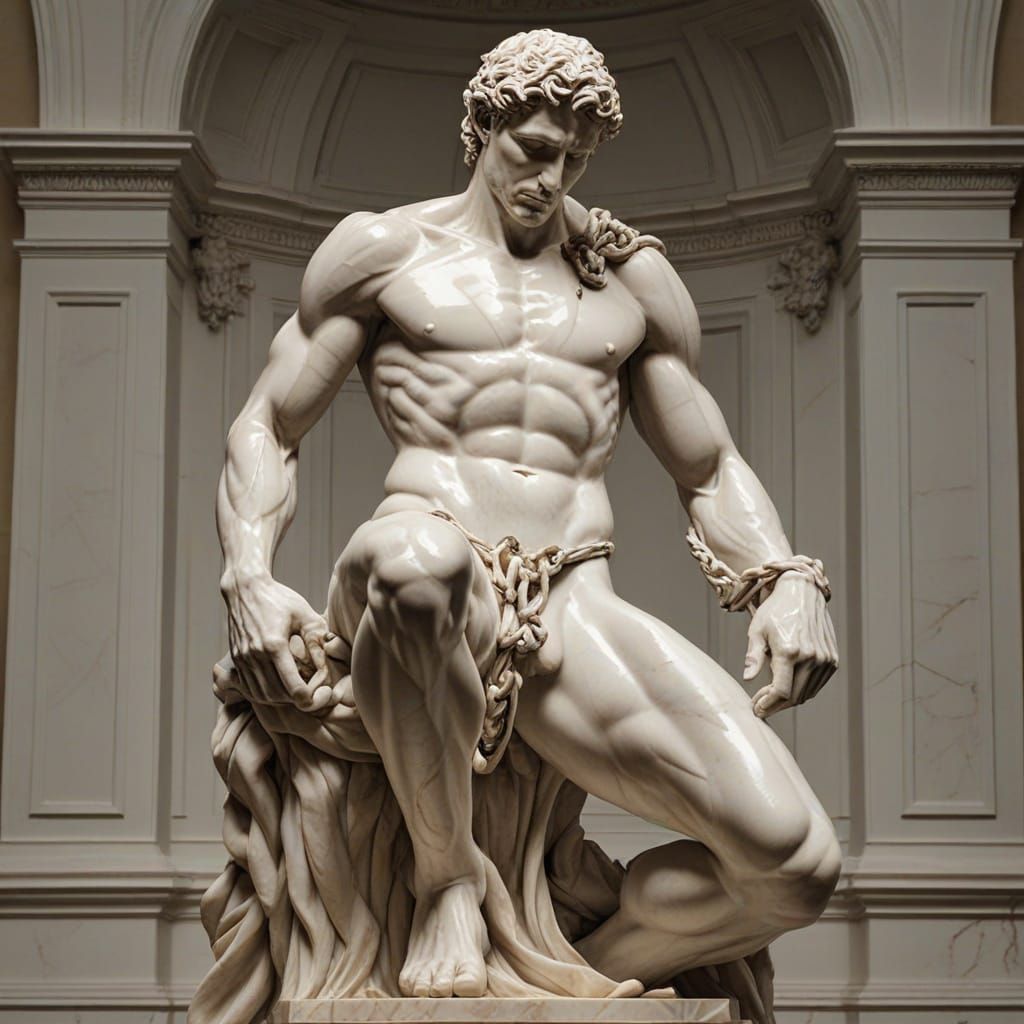 Michelangelo-Inspired Marble Sculpture of Chained Man