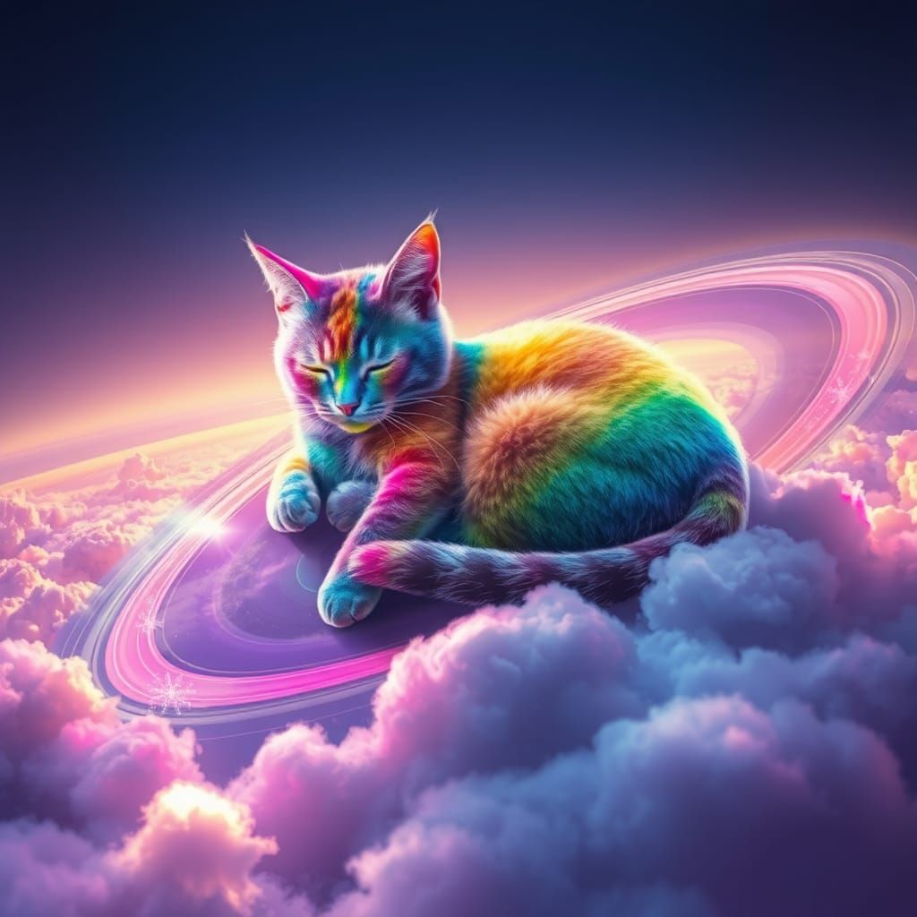 Rainbow Cat Sleeping on Rainbow Saturn Planet