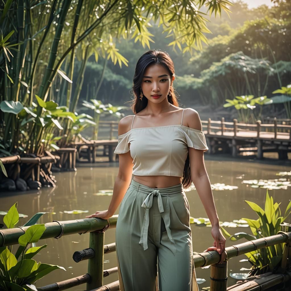 Vietnamese Woman with Toned Physique on Bamboo Bridge