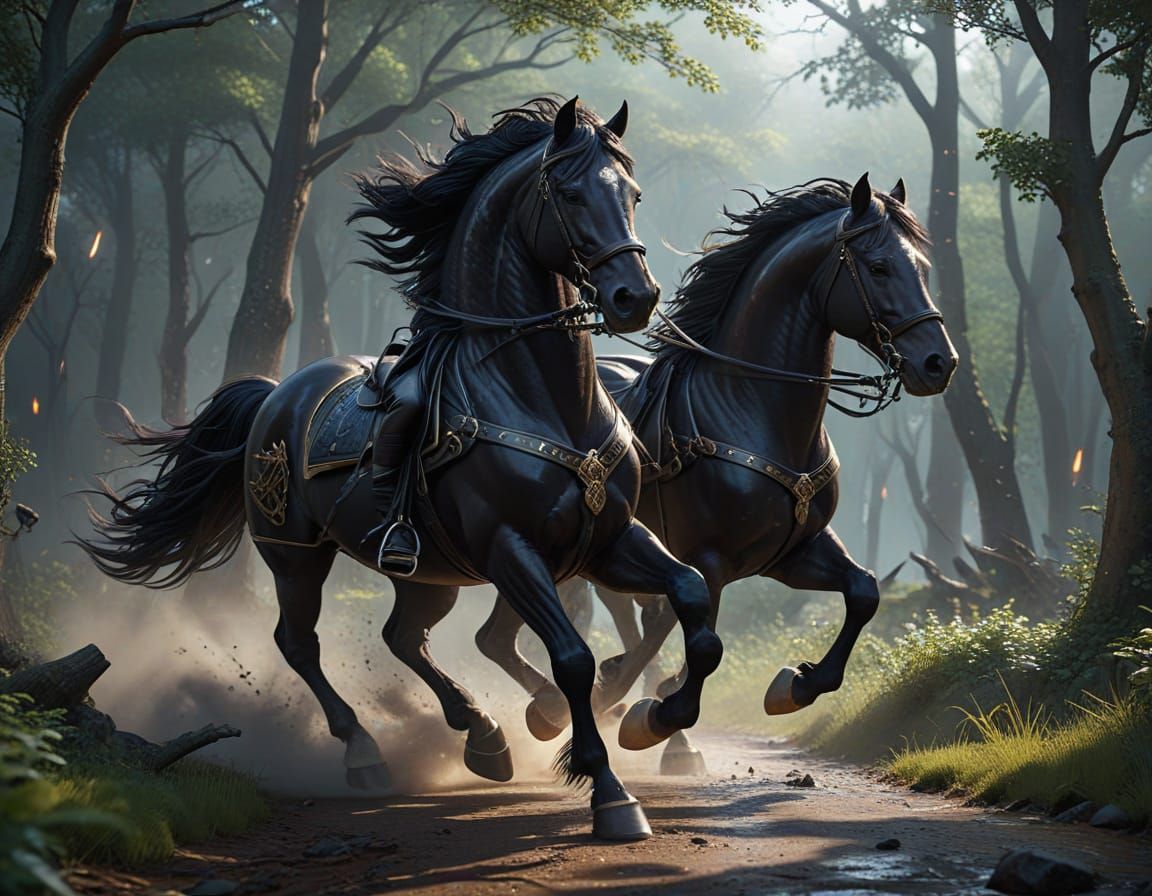 Majestic Black Horses Gallop Through Turbulent Stormy Night