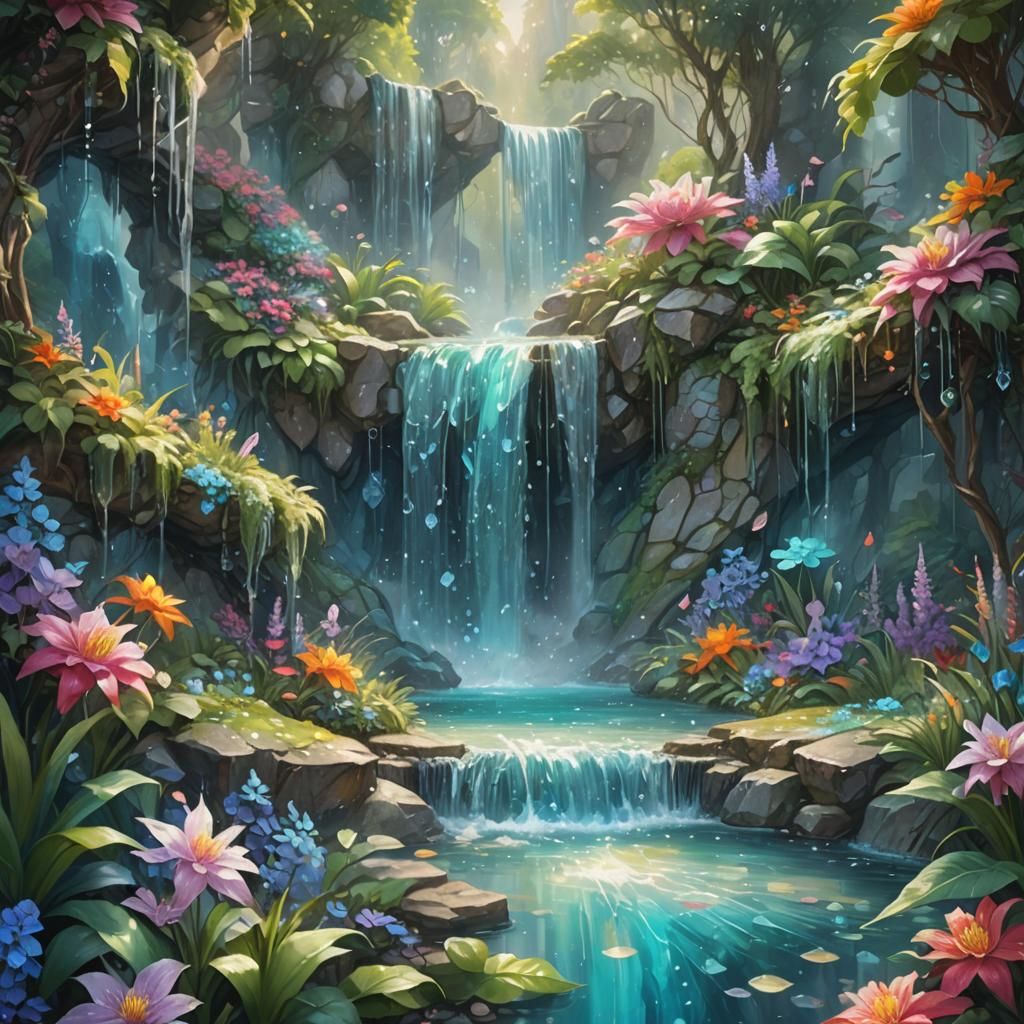 Crystal Waterfall in Secret Flower Garden