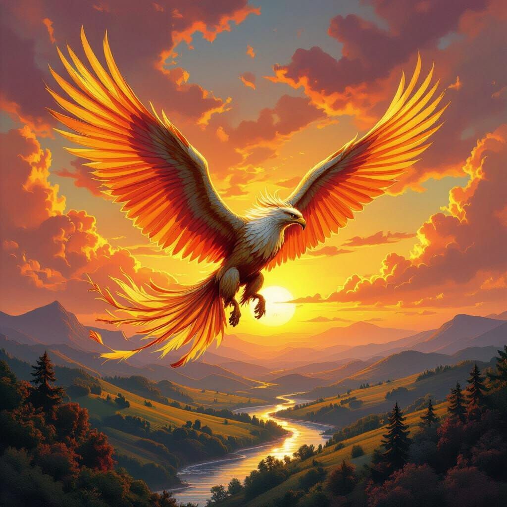 Griffin Soaring Through Sunset Sky in Fantasy Art
