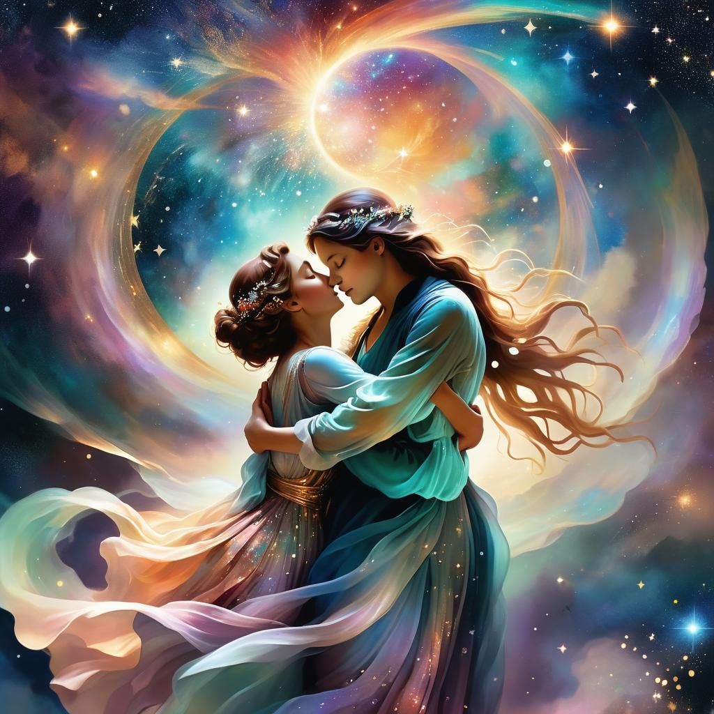 Celestial Embrace in Vibrant Mixed Media Style