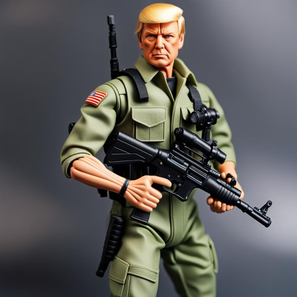 Photo realistic. Super realism. GI joe Doll. toy. articulated plastic toy weapon Donald Trump