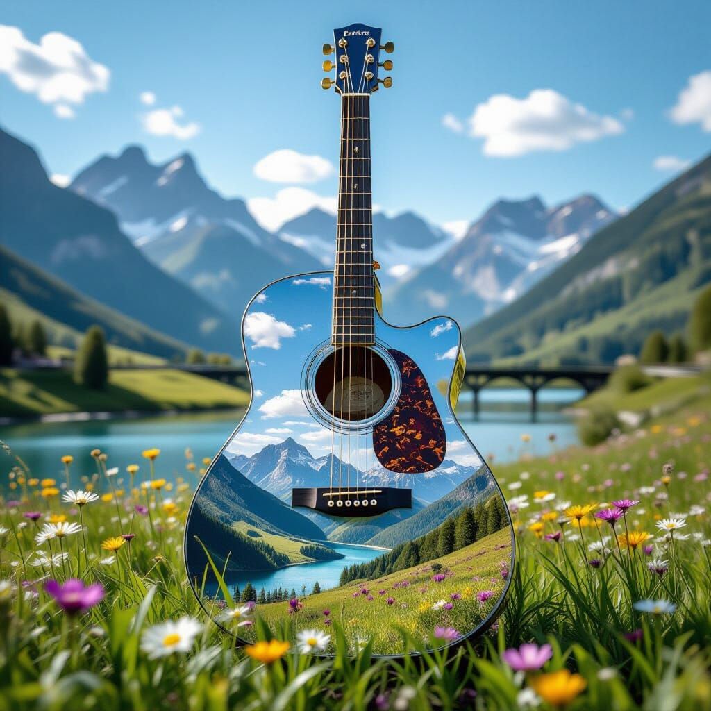 Transparent Guitar Reveals Mountain and Lake Vista