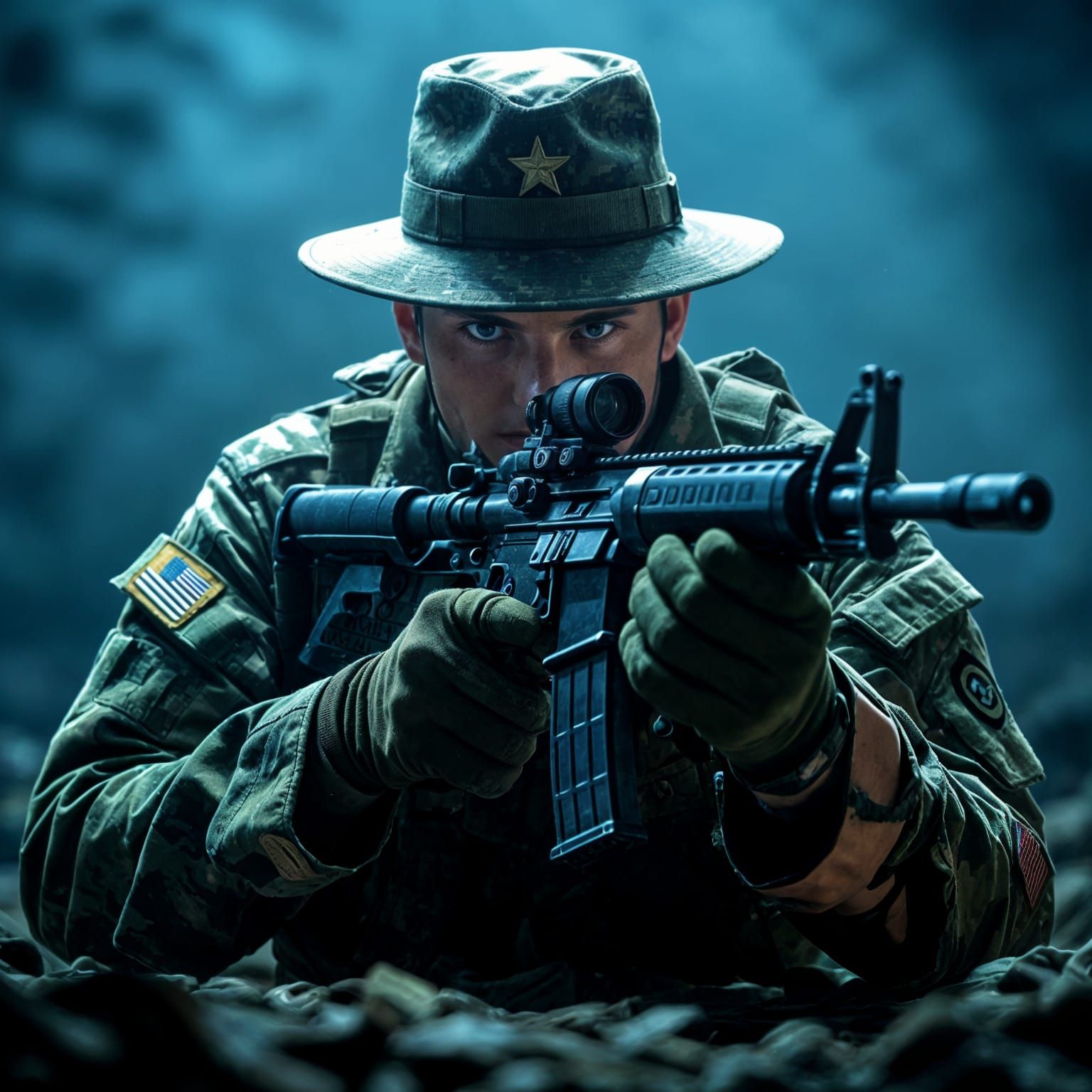 Soldier Hiding Rifle in Army Hat