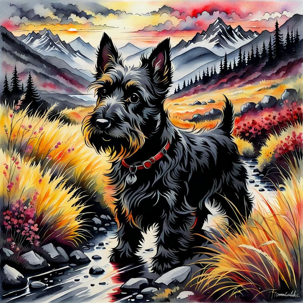 Cute Scottish Terrier in Polychromatic Landscape