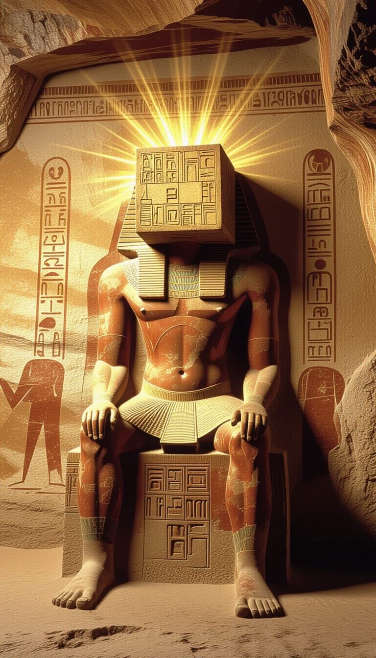 Ancient Cave Painting of Stone Figure with Cube Head