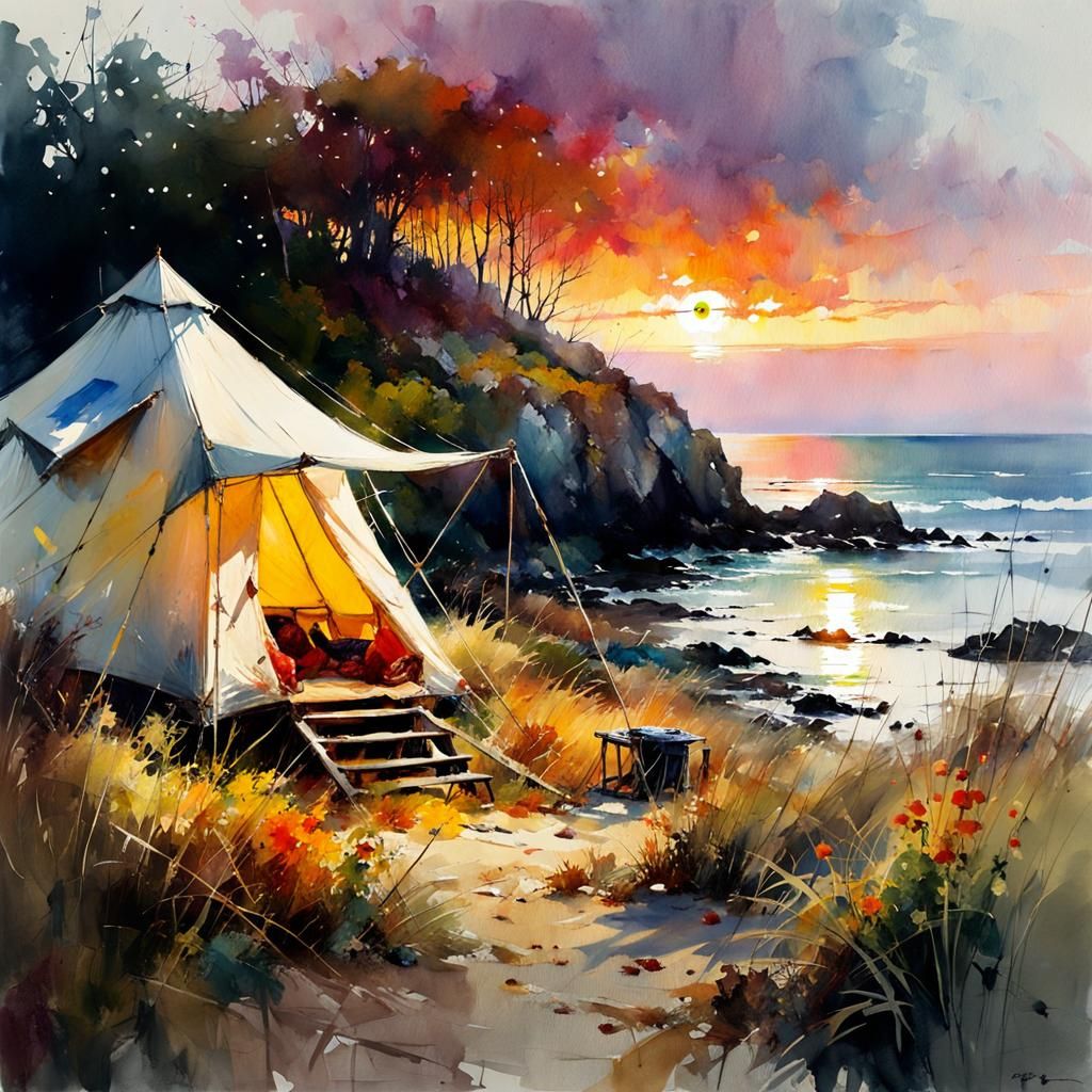 Seaside Campsite at Sunset: A Watercolor Painting