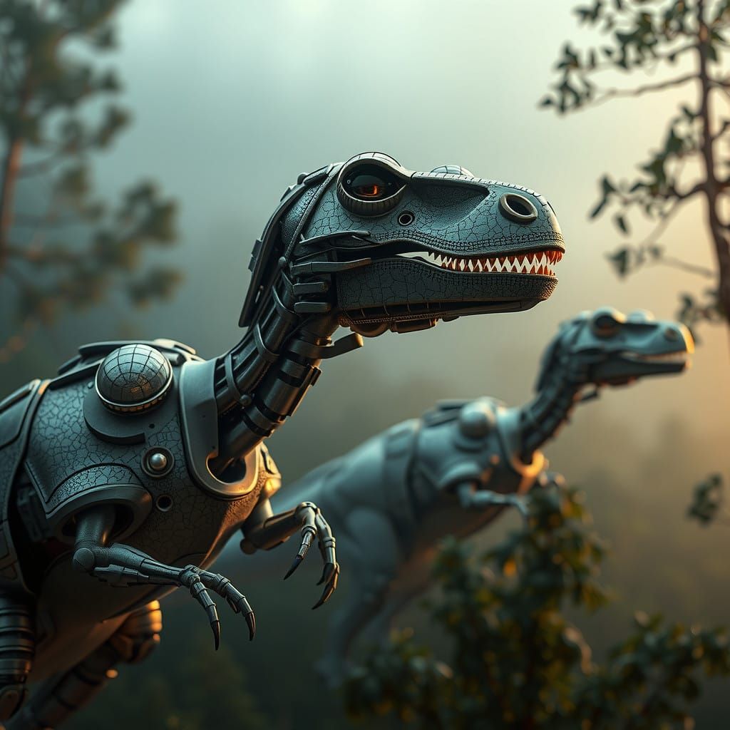 Cyberpunk Velociraptors in Vibrant Prehistoric Landscape
