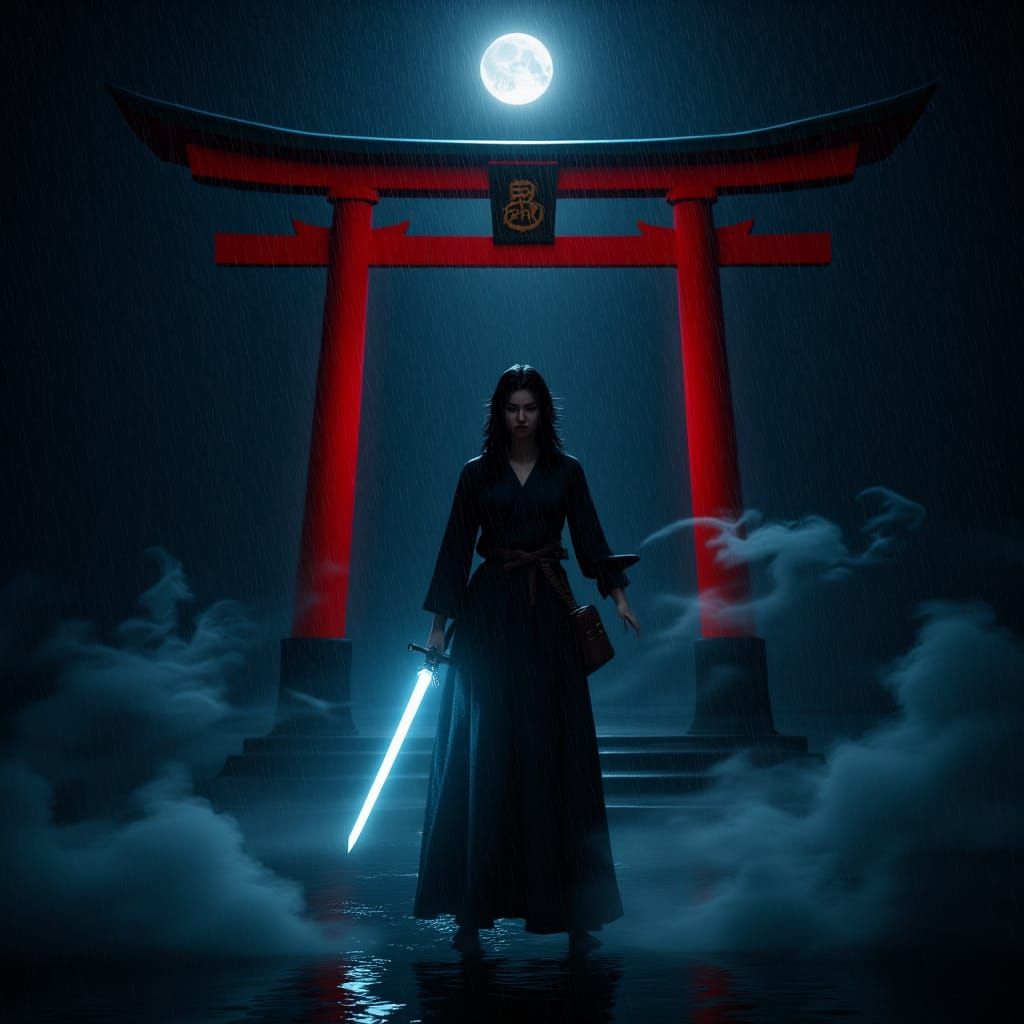 Kunoichi in Rain Under Crimson Torii Gate
