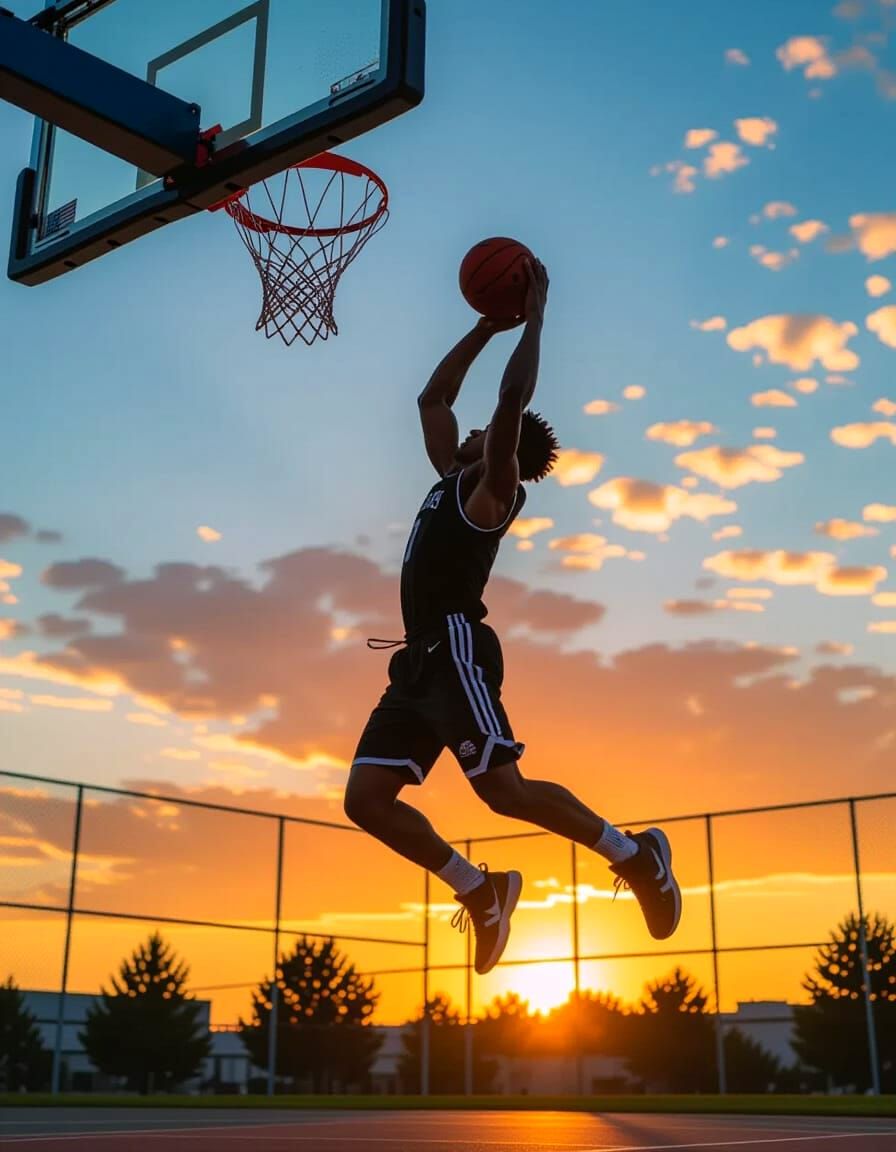 Silhouetted Basketball Dunk at Sunset