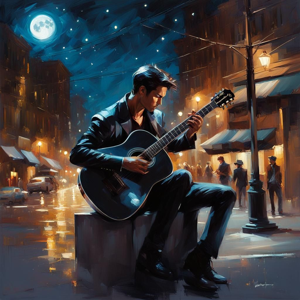 Nighttime Guitarist Under a Starry Sky