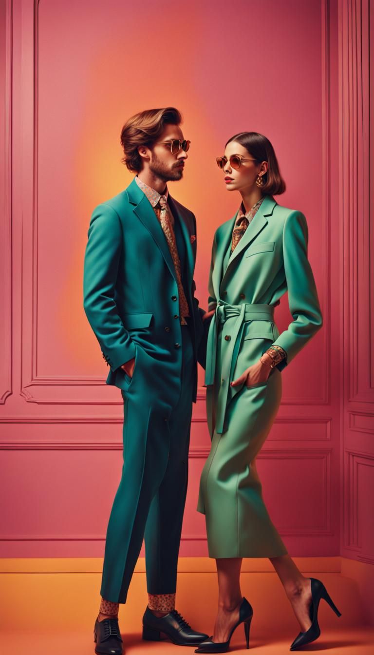 Glamorous Couple in Wes Anderson Style Photoshoot