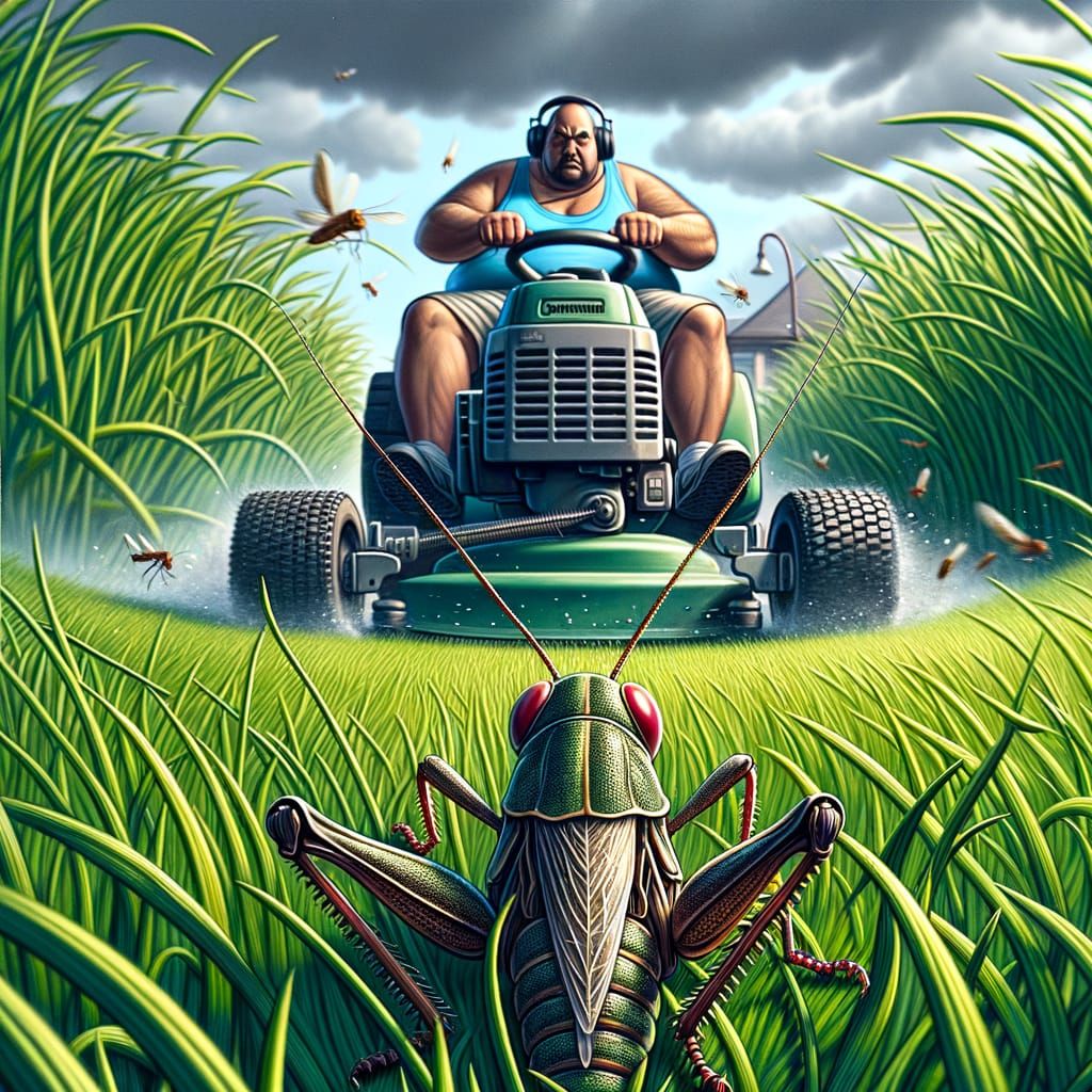 Grasshopper's Survival Against Giant Lawnmower