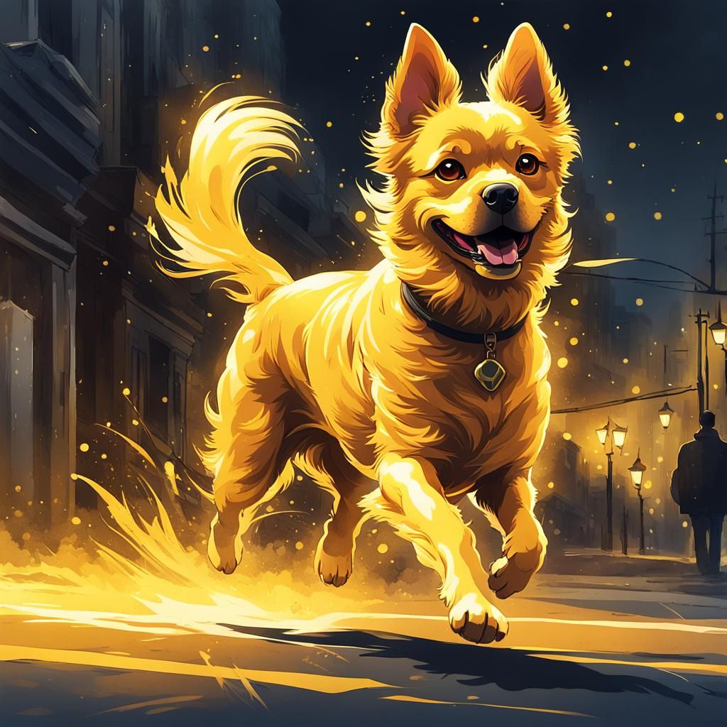 Glowing Dog Running: Stylized Watercolor Digital Art