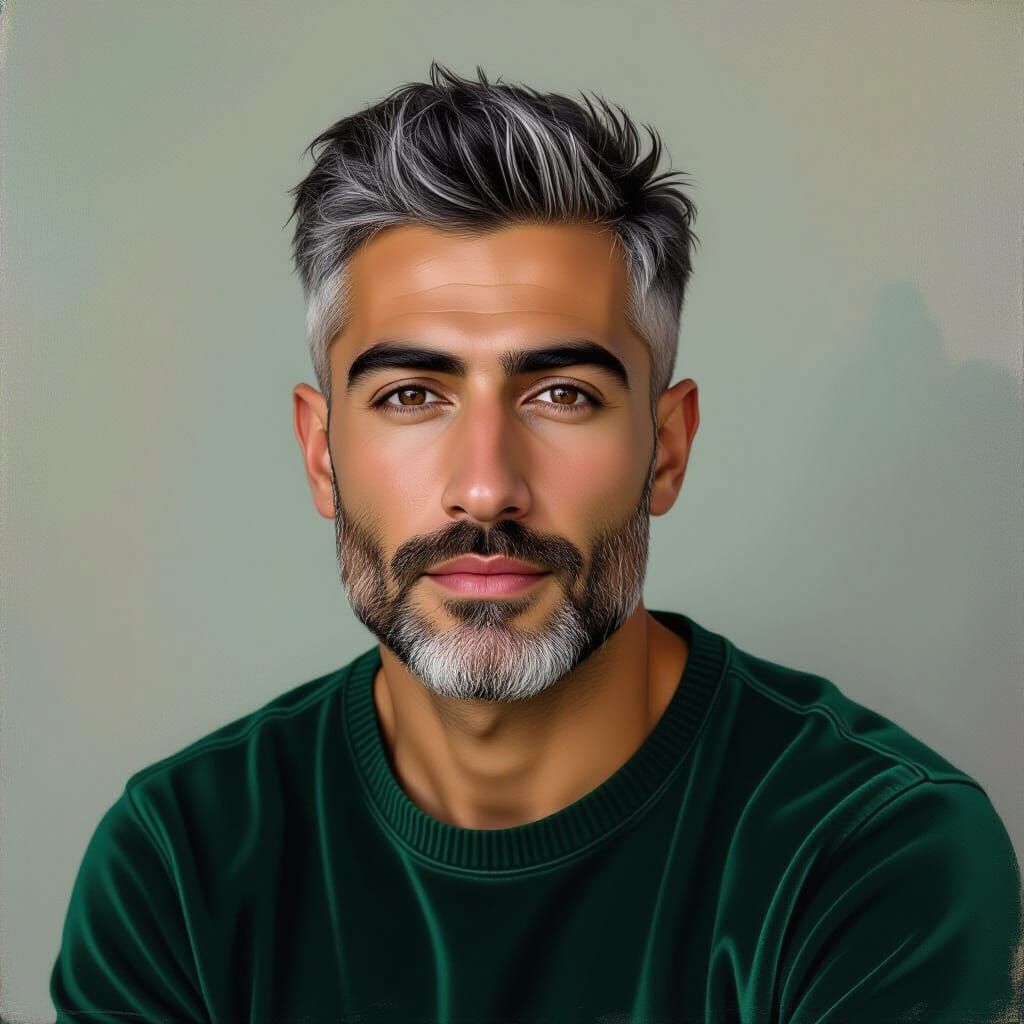 Silver-Haired Man in Emerald Green: Impasto Oil Portrait