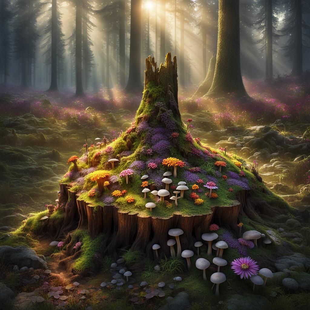 Colorful Flowers and Fungi on Forest Stump