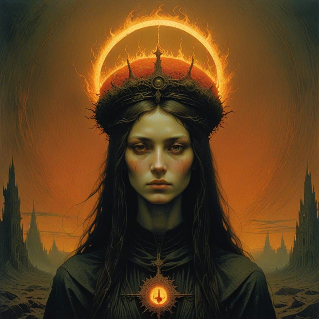 Surreal Princess Enveloped in Fiery Halo in Dystopian Scene