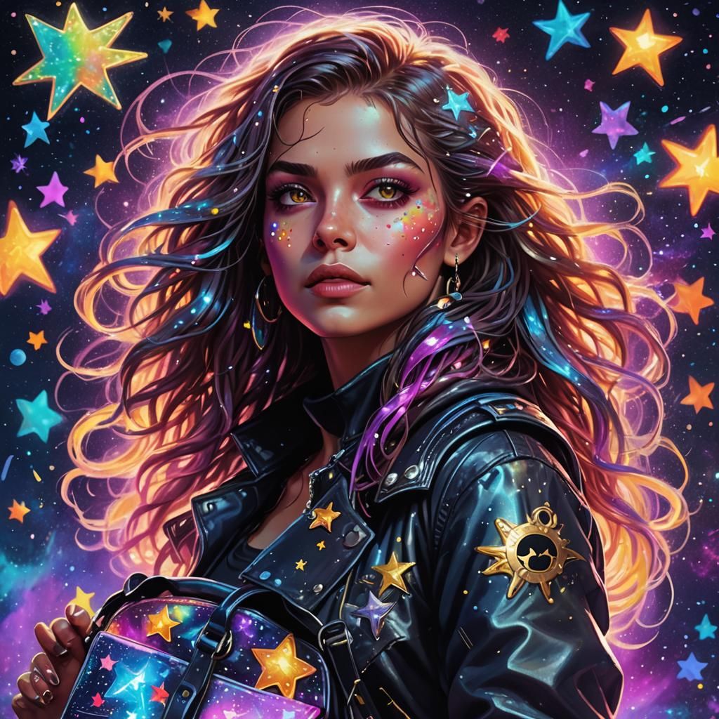 Futuristic Alien Pirate with Stars, Holographic Art