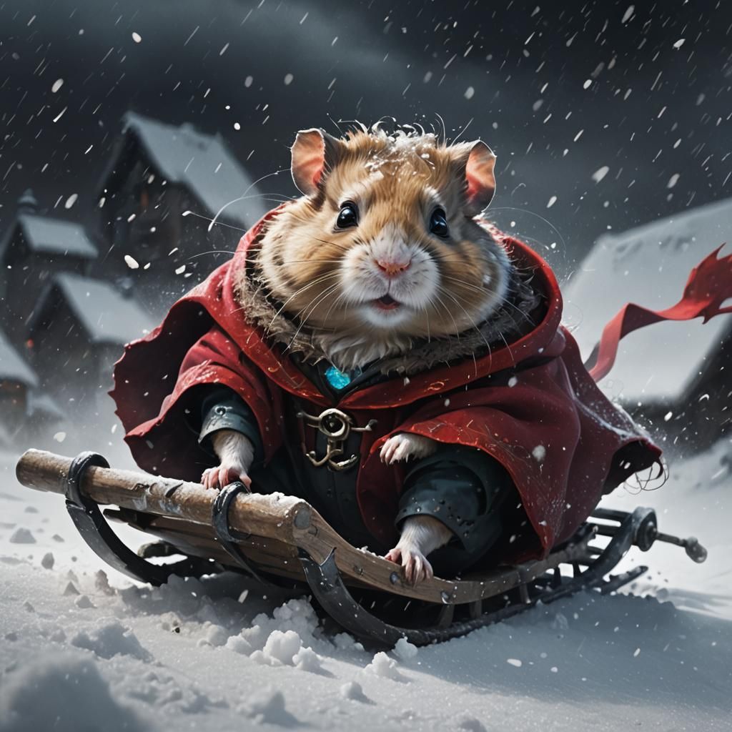 Hamster on Twisted Sledge, Snowy Eldritch Landscape