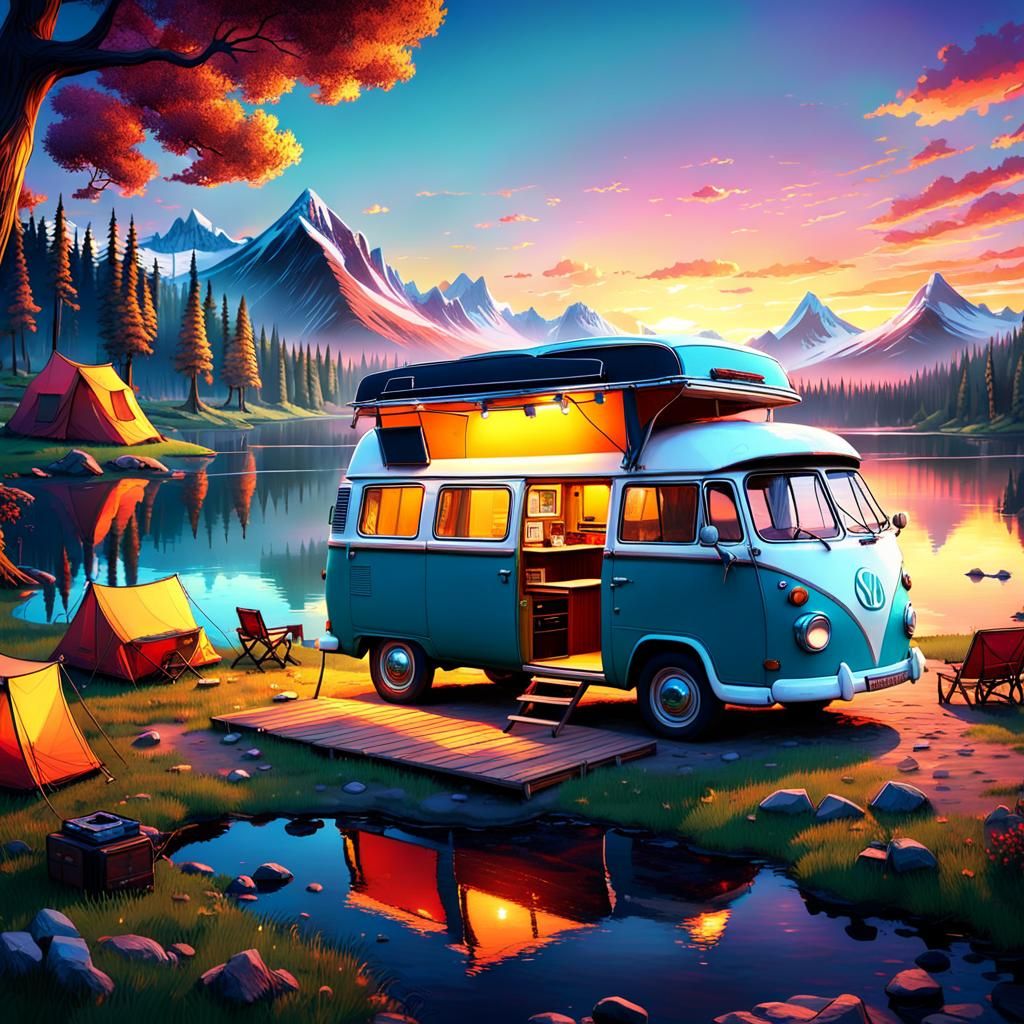 Campsite Van at Sunset in 1960s Style
