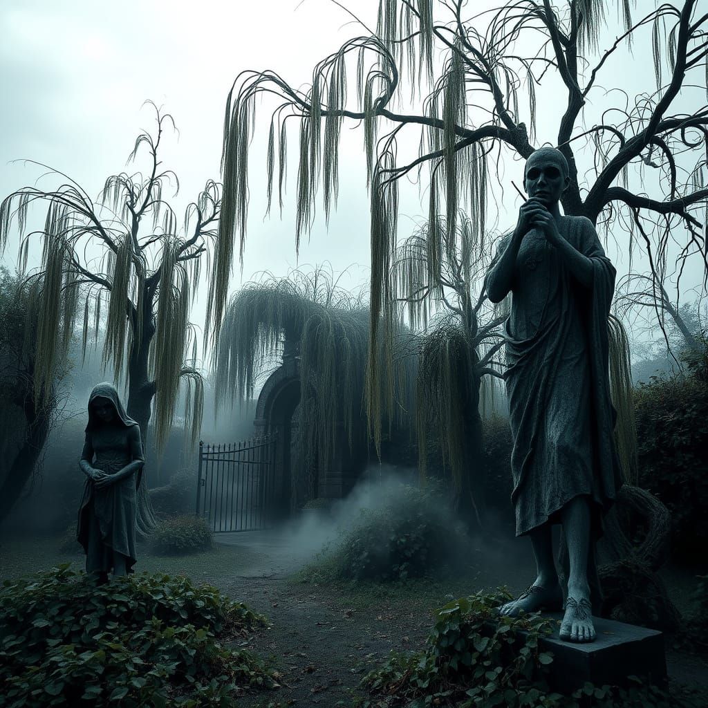 Eerie Overgrown Garden with Stone Statues in Cinematic Horro...