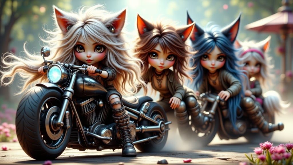 Motorcycle Gang of Four with Wolf Girl and Cat Girl