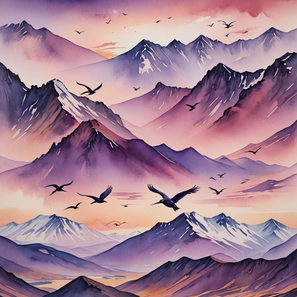 Icelandic Landscape with Birds in Watercolor Style