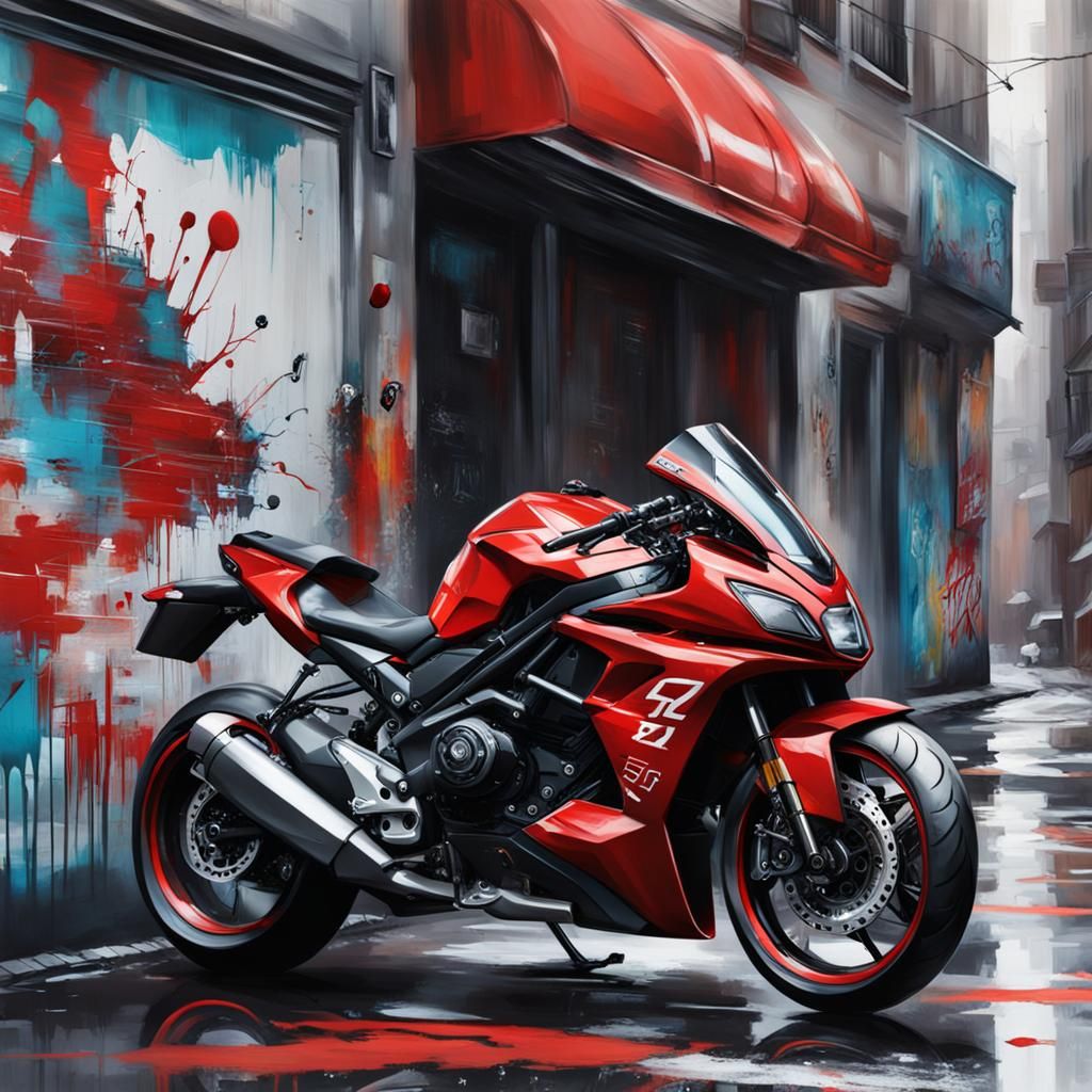 Flying Red Motorcycle in Graffiti Street Art Style