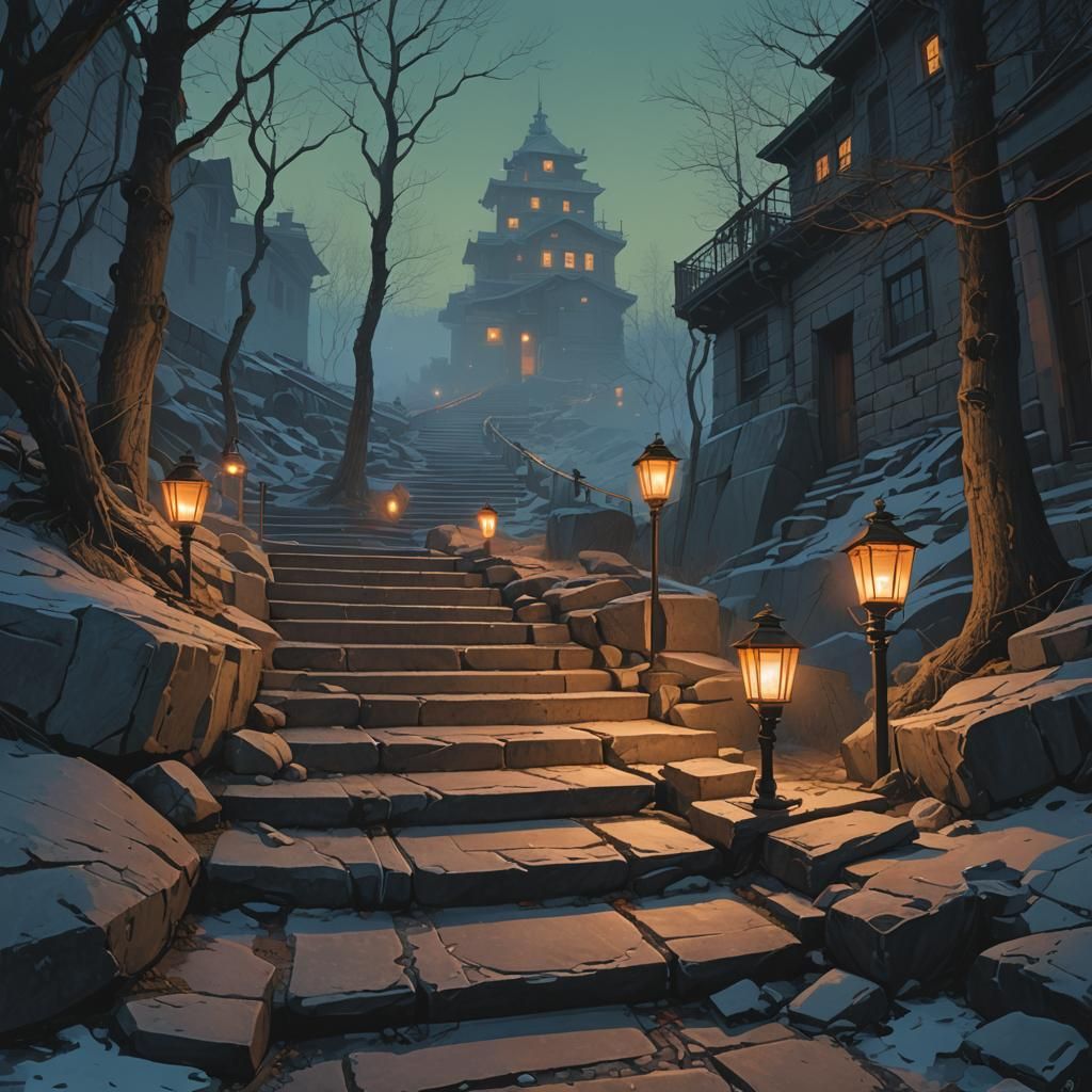 Mysterious Staircase in Twilight with Ethereal Lanterns