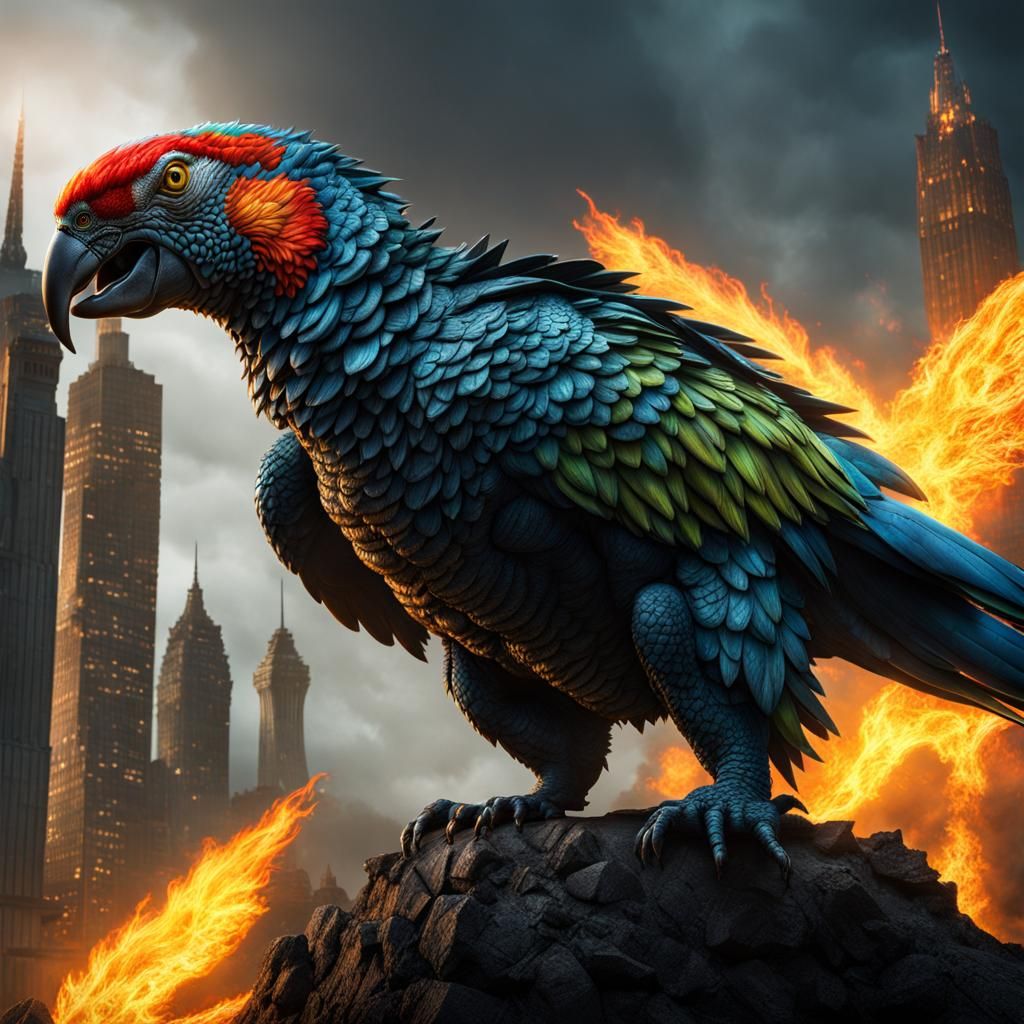 Parrot Godzilla Hybrid in a Cinematic Fantasy
