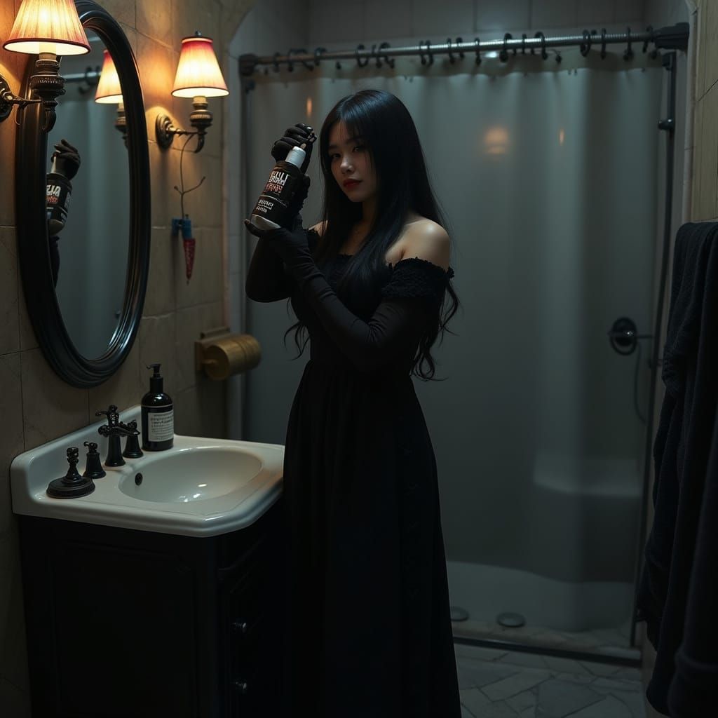 Goth Girl Dying Hair in Gothic Bathroom