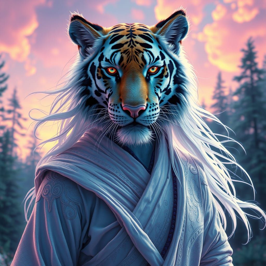 Siberian Tiger War Cat with Iridescent Warrior Woman