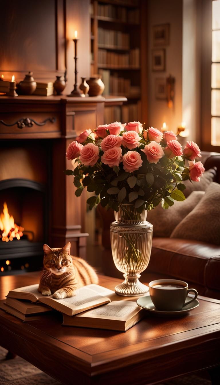 Cozy Fireside Still Life with Roses and Cat