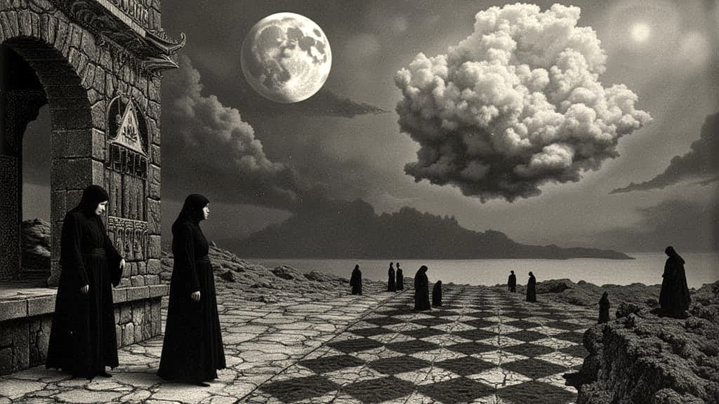 Baroque Beings in Victorian Labyrinth Under Moonlit Fog