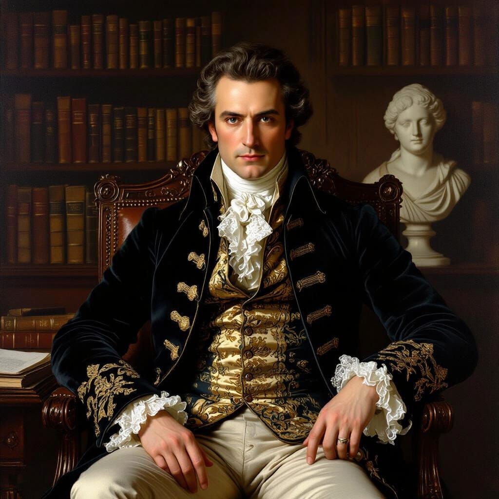 Aristocratic Figure in Refined Study as Dramatic Painting