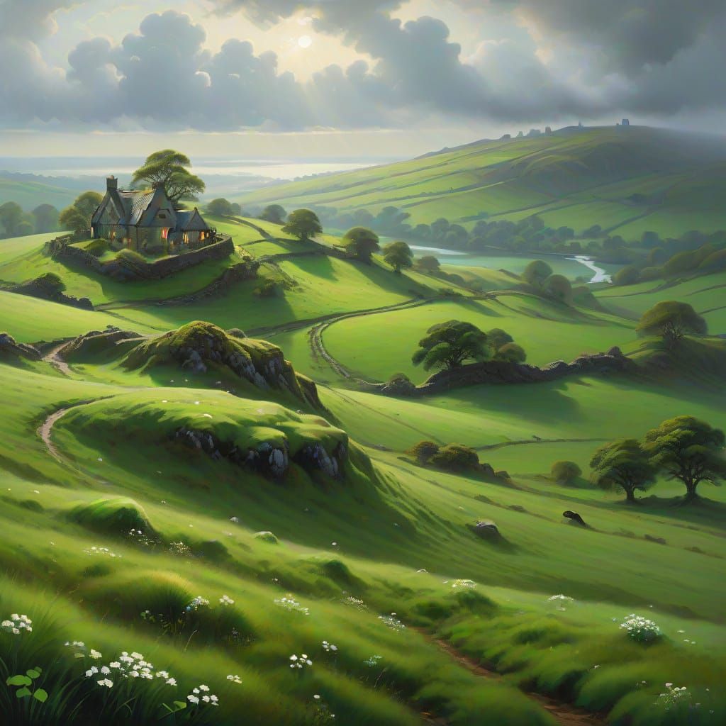 Emerald Irish Hillscape in Traditional Tudor Oil Painting St...