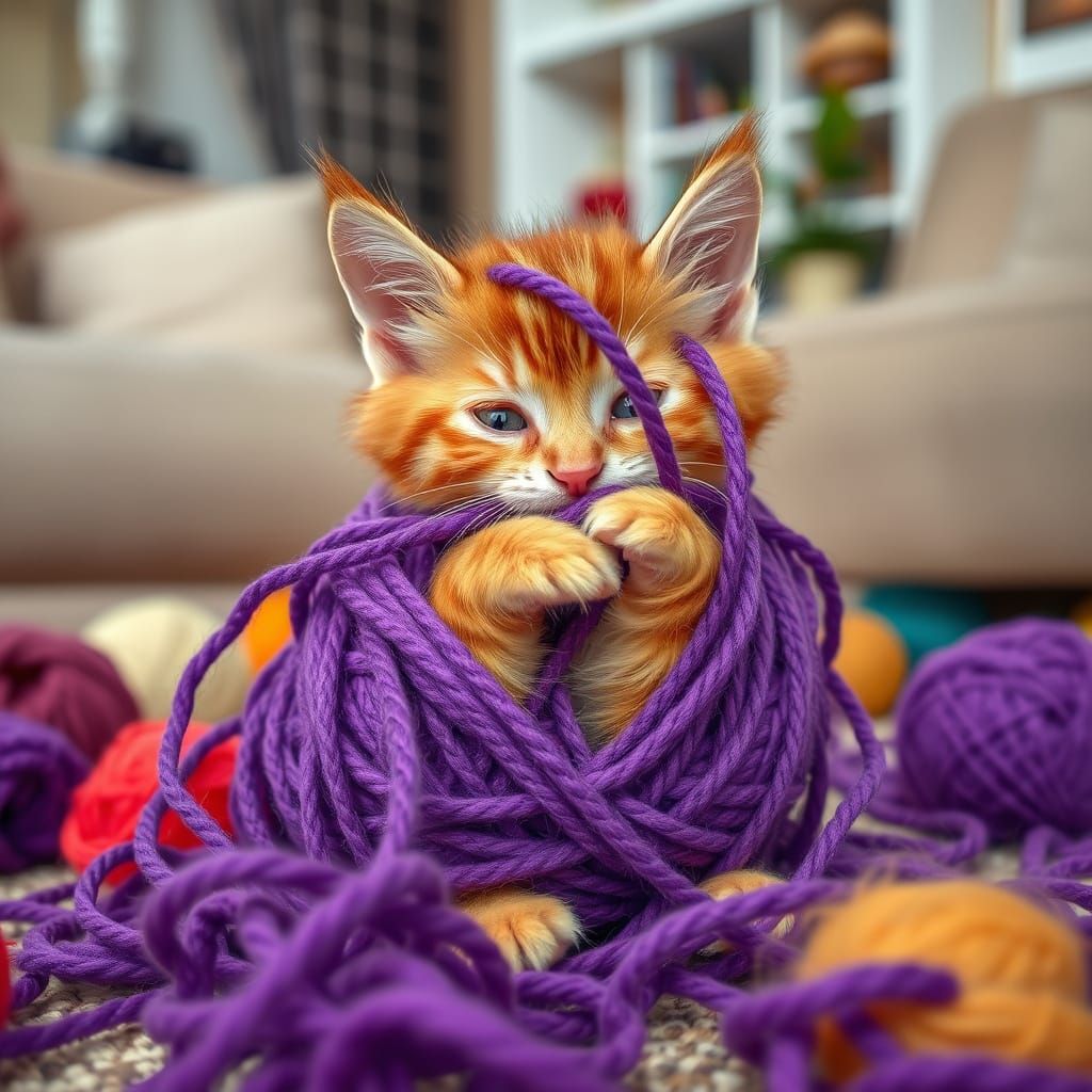 Whimsical Ginger Kitten Tangled in Purple Wool in a Joyful L...