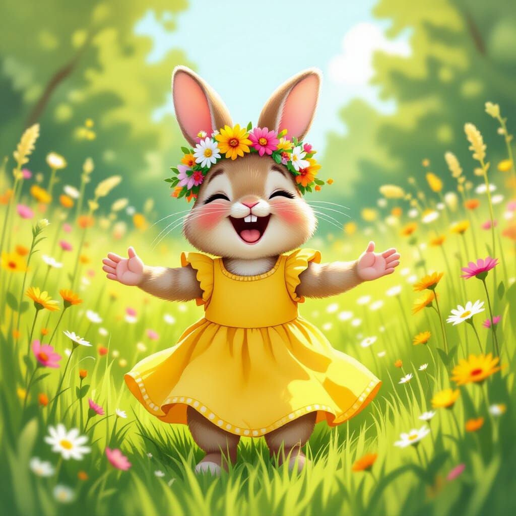 Joyful Bunny in Meadow: Whimsical Art