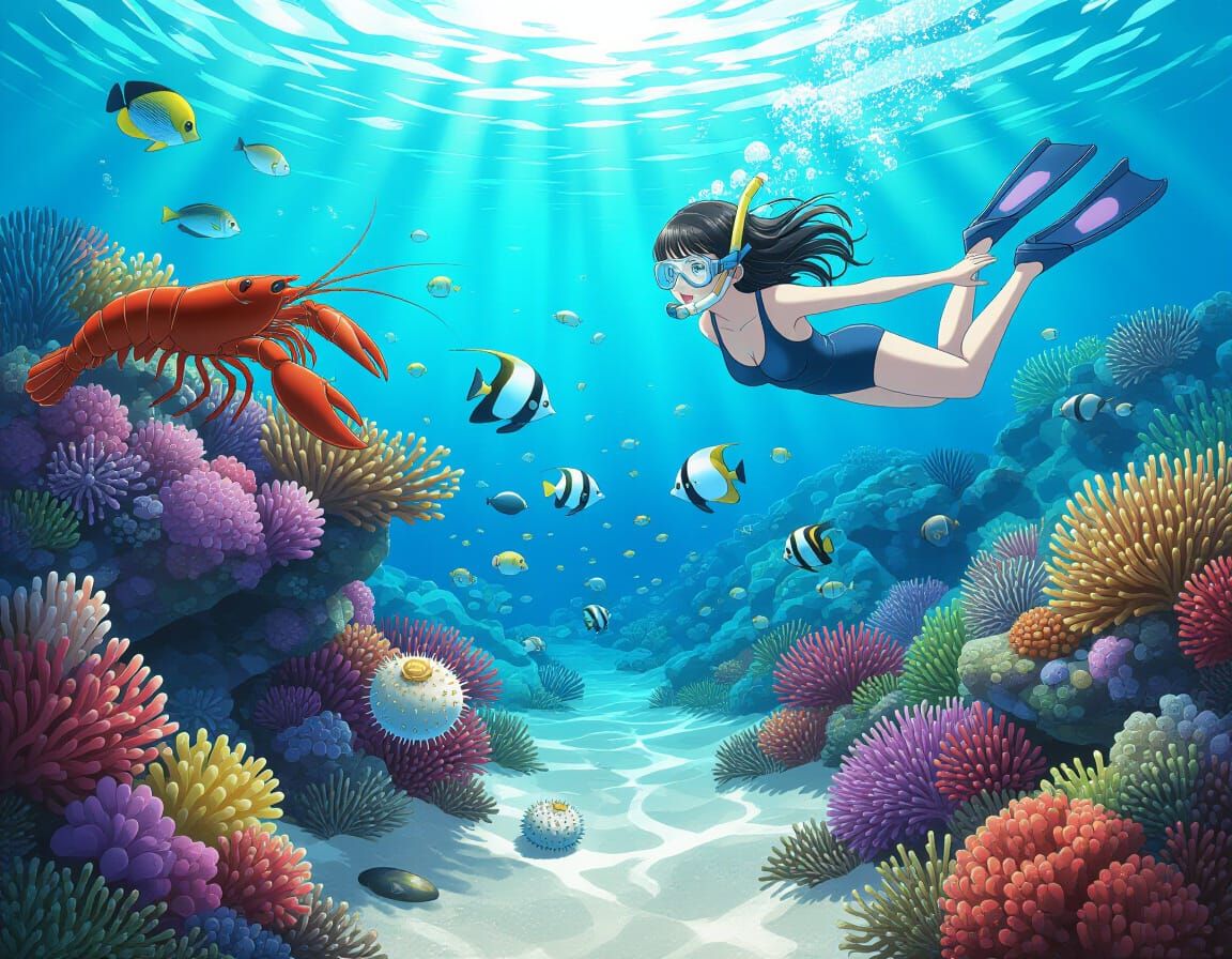 Coral Reef Panorama with Snorkeler in Anime Style