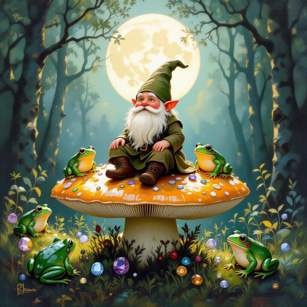 Gnome on Luminous Mushroom in Moonlit Forest