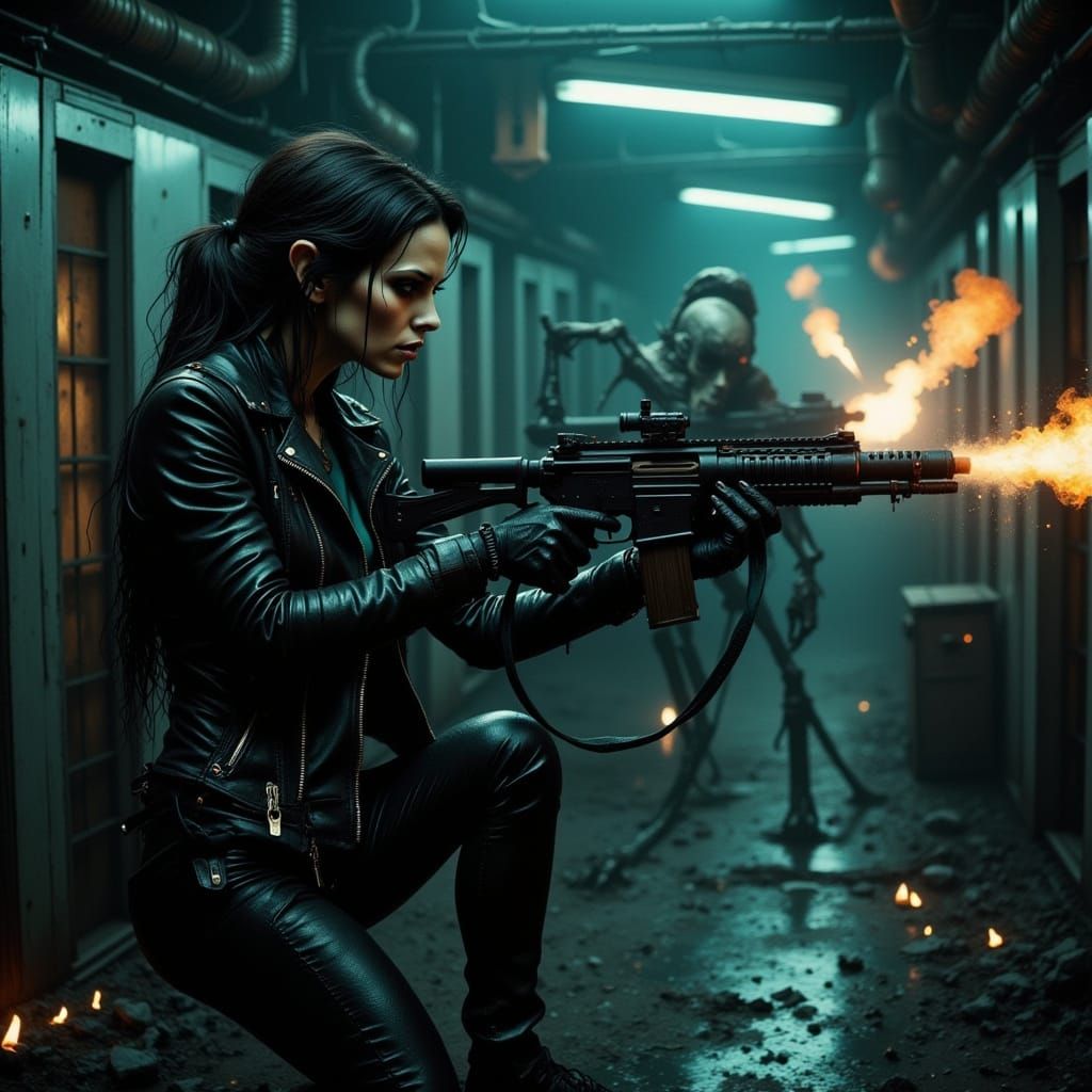 Ripley Battles Aliens with Minigun in Synthwave Style