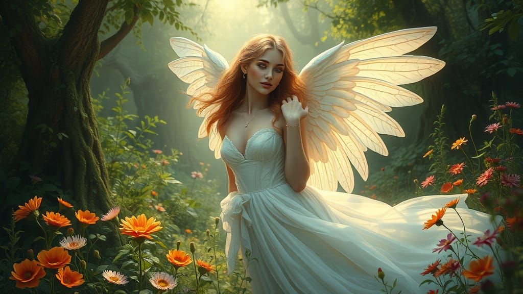Ethereal Angel in Mystical Forest, Dreamy Art