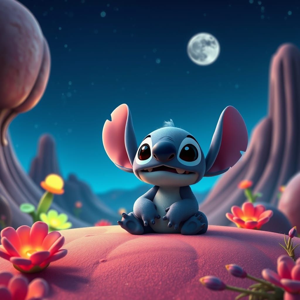 Cute Fluffy Stitch on Alien Planet in Pixar Style