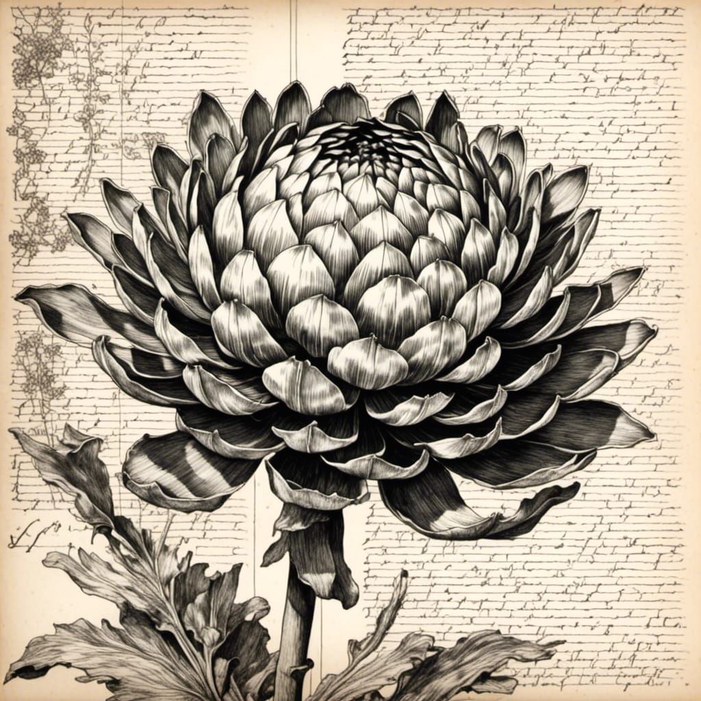 Artichoke Flower Crosshatch Ink Drawing on White Page
