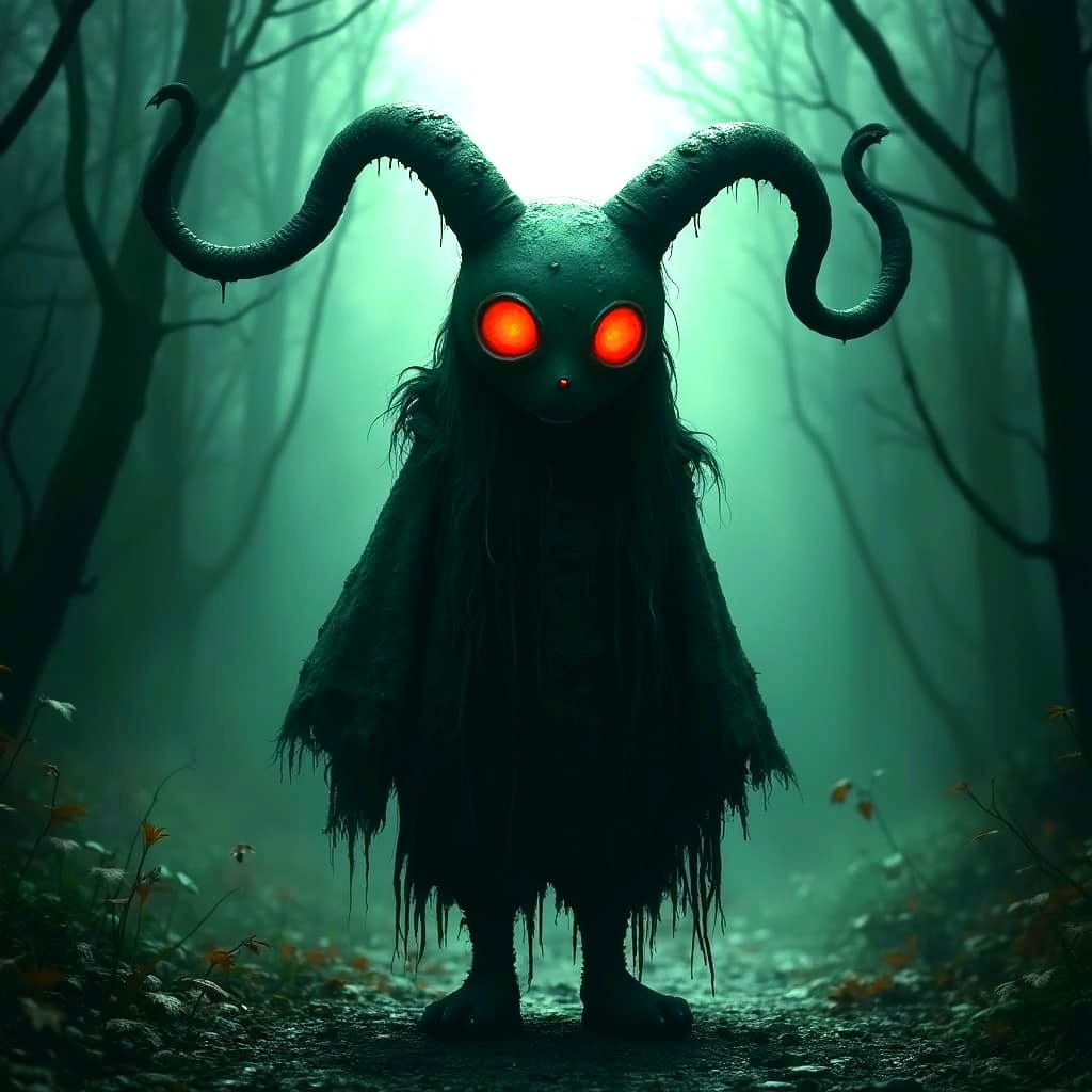 Sinister Mimikyu Standing Still in Dark Forest