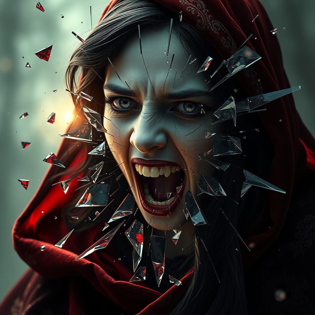 A Gothic Woman Shattered into Glass Shards in a Surreal, Mac...