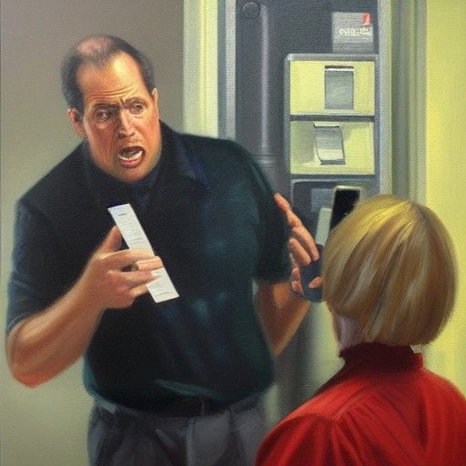Agitated Customer Demands Bill Reduction: Oil Painting