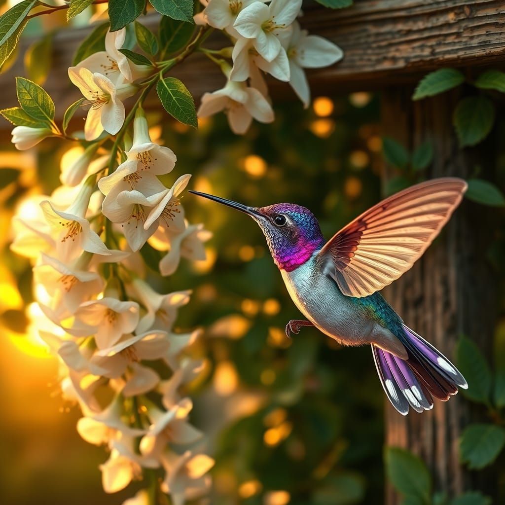 Delicate Purple Hummingbird in Lavender Honeysuckle Bloom